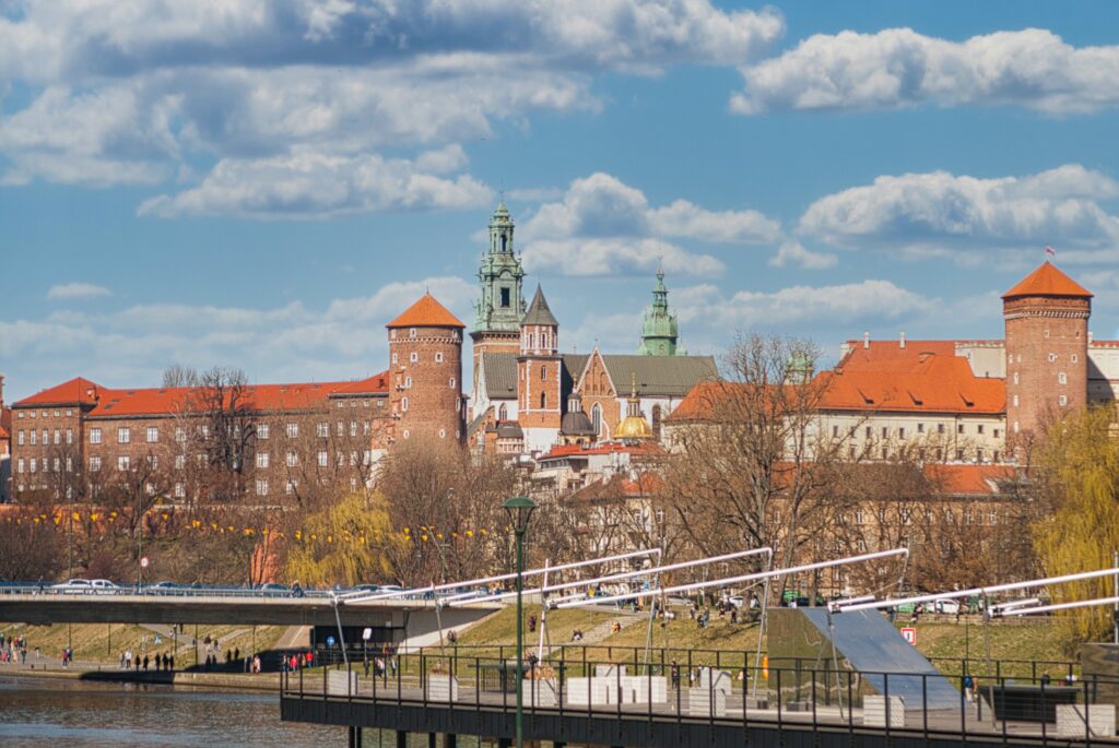 the Wawel castle at the side of the Vistula river in the sunrays of early spring.