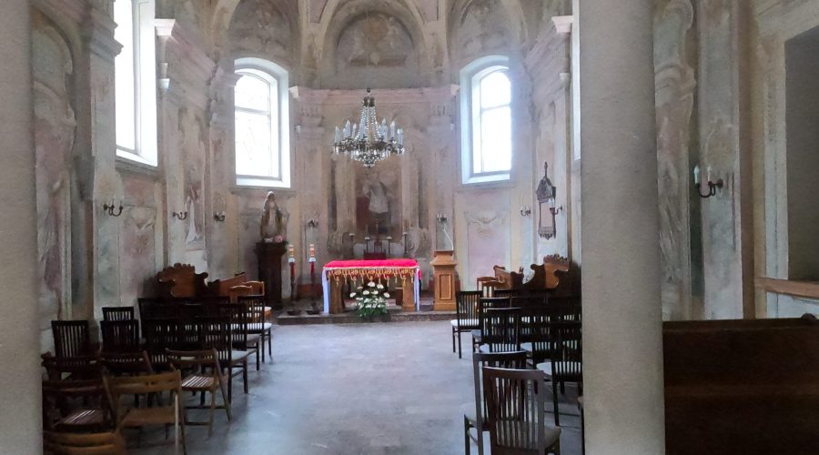 an interior of a roman-catholic church "on the island" in a town of Zwierzyniec in the heart of the Polish Roztocze