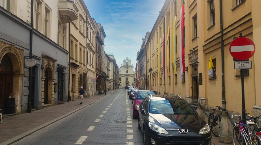 view of the swiety Jan street that is leading to the main market square of the Krakow Old Town