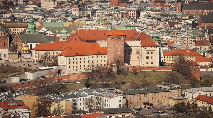 sunny Krakow from a bird's eye view with the Wawel Castle and St. Mary's basilica