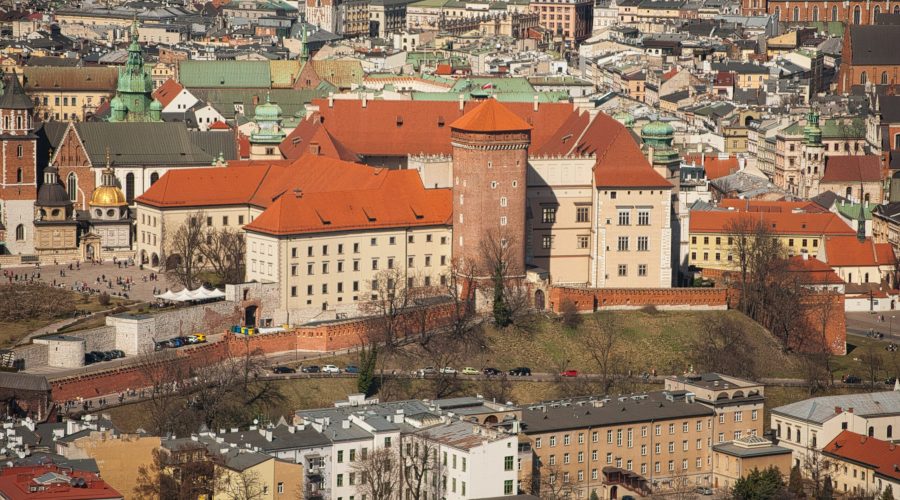 sunny Krakow from a bird's eye view with the Wawel Castle and St. Mary's basilica