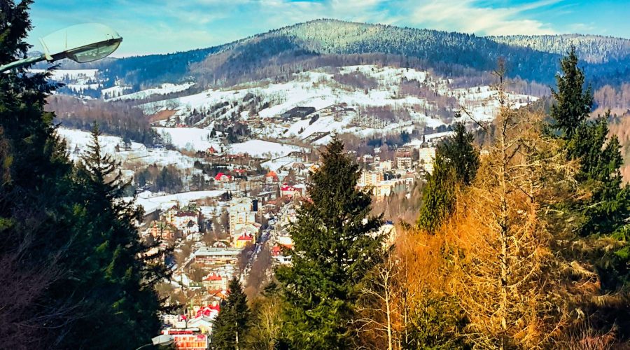 panorama of Krynica seen from the cable train to the Parkowa mountain